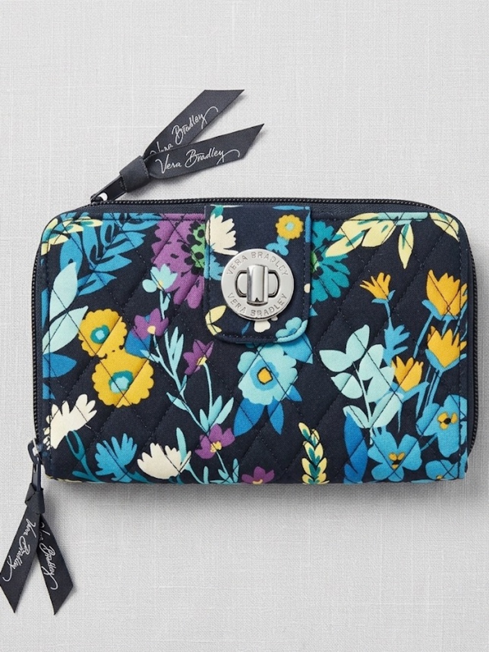 ✨ VERA BRADLEY- Black Floral Zip Wallet with Blue, Teal & Yellow Accents